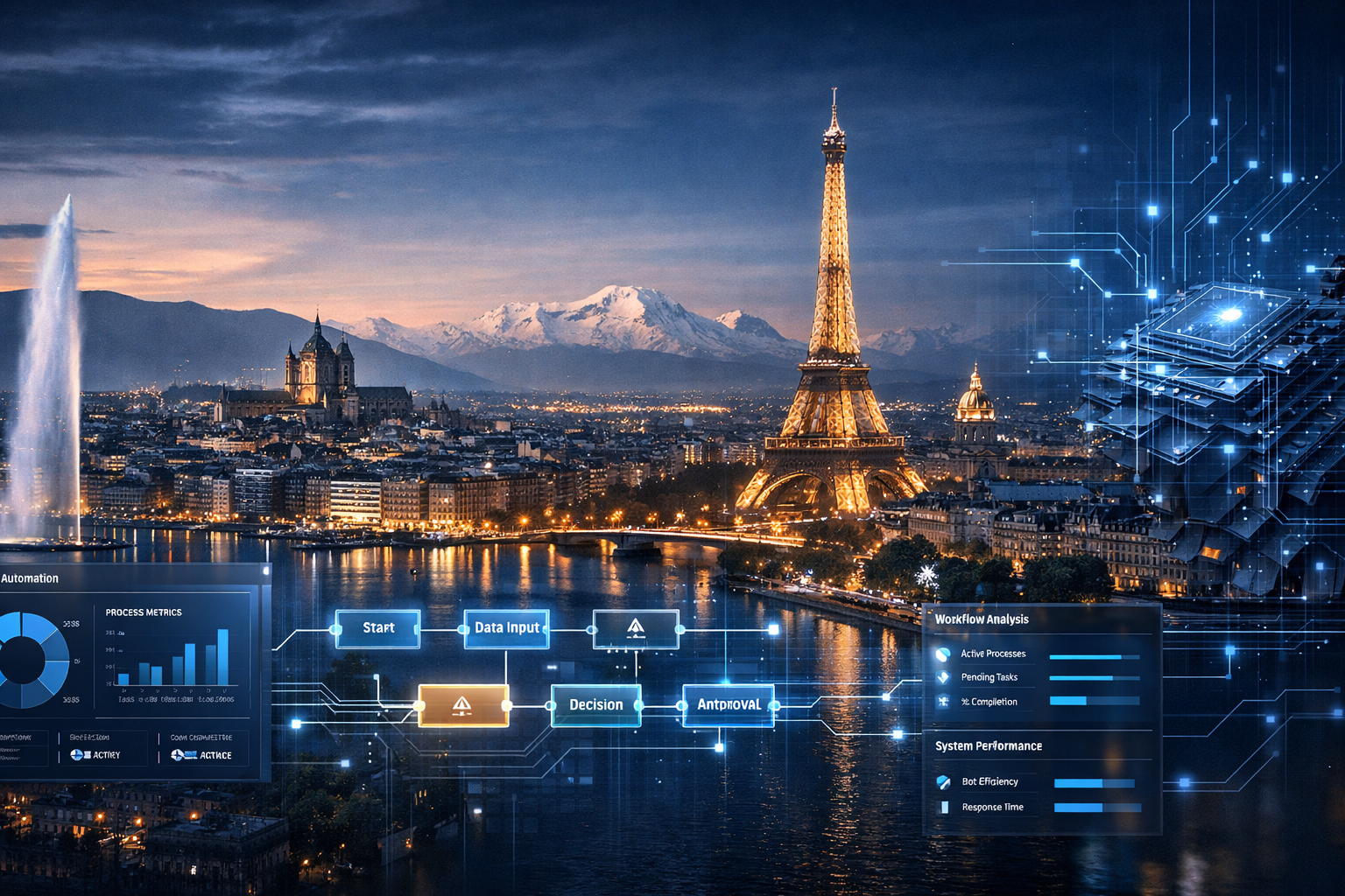 Photorealistic corporate blog header, Geneva skyline merged with Paris skyline, Swiss Alps visible, subtle French architectural elements, robotic process automation dashboard overlays, digital circuitry, low-code workflow blocks, premium consulting brand style, deep navy and blue corporate palette, ultra realistic, cinematic lighting, high detail, professional website hero banner, 1600x600, no cartoon, realistic business technology atmosphere